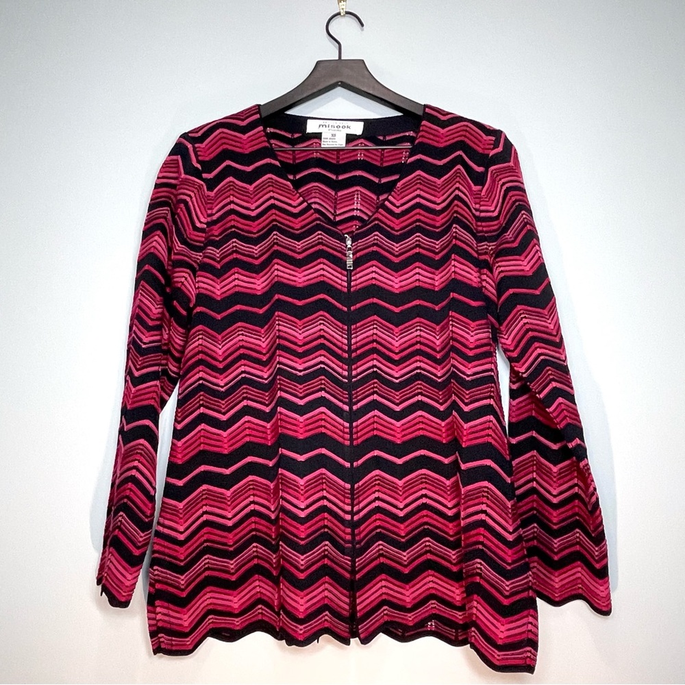 MISOOK Women's Knit Chevron Cardigan Jacket Red Pink Black Zip Closure Size XS
